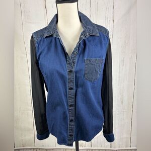 Karen Millen Denim Button Up Shirt with Black Chiffon Sleeve